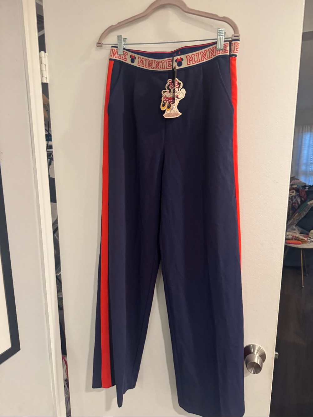 Disney Minnie Mouse Navy Wide Leg Jogger Pants Red Side Stripes NWT Size 10